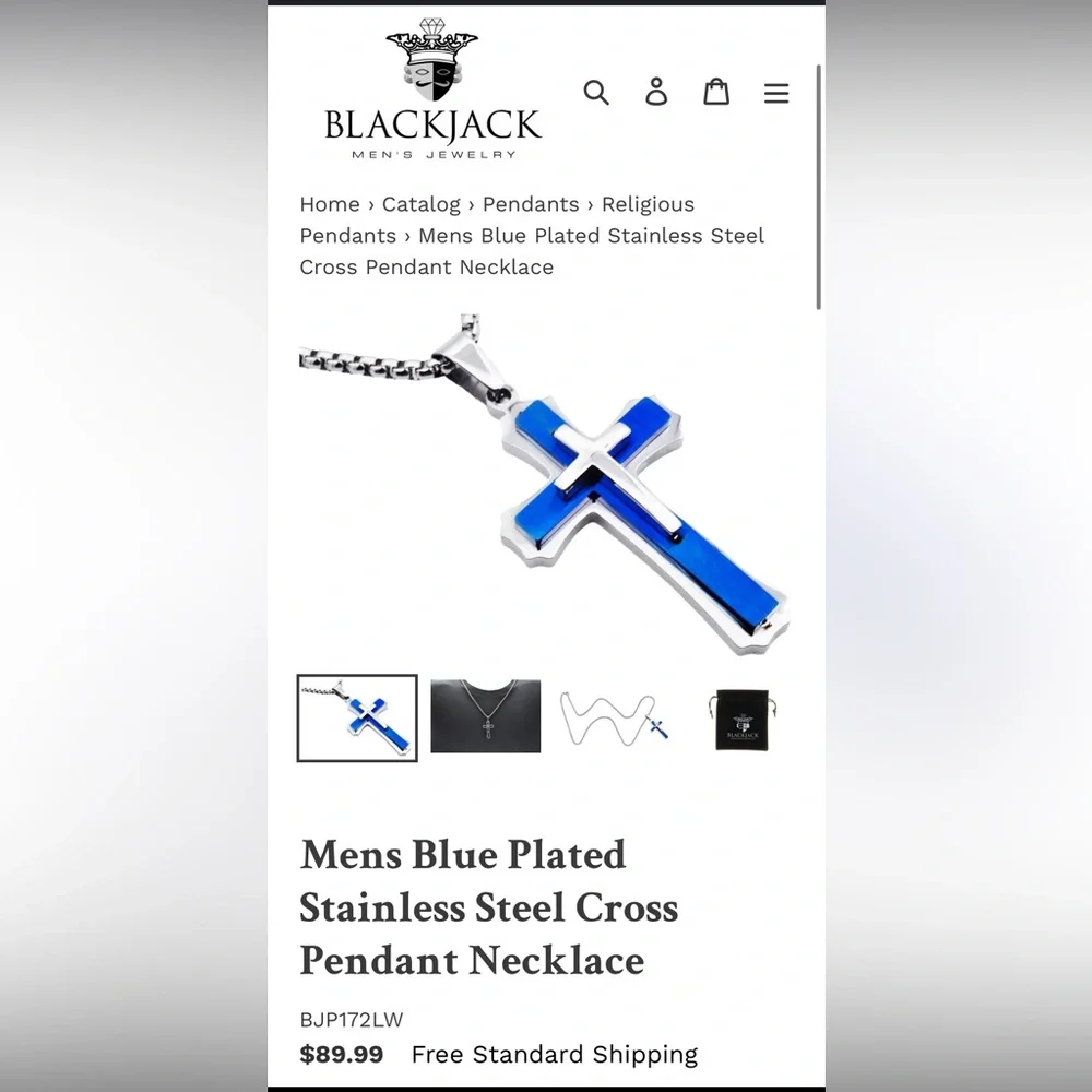 NEW Blackjack, Stainless Steel Blue Cross Pendant Necklace - Picture 3 of 5